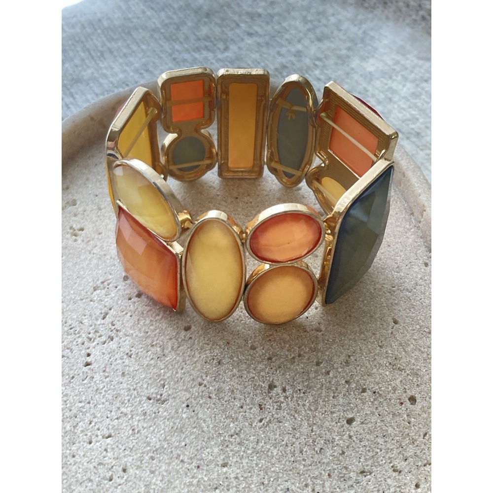 Gold Tone‎ Stretch Bracelet Multicolor Lucite Resin Panels Mod Statement Earthy